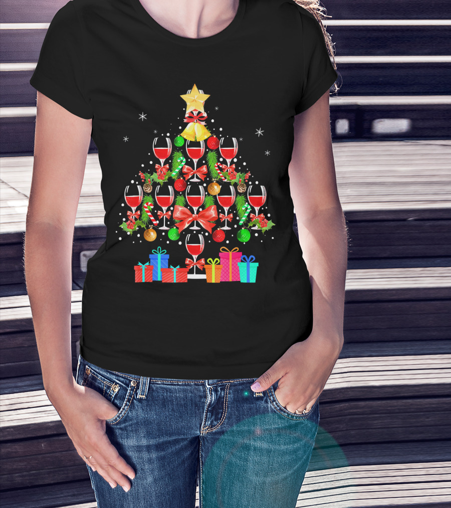 Wine Glass Christmas Tree With Gifts And Decorations T-Shirt