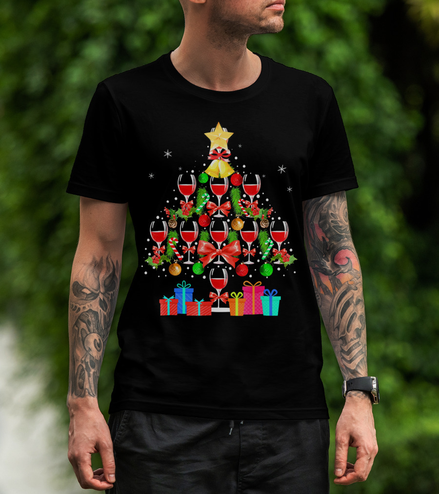 Wine Glass Christmas Tree With Gifts And Decorations T-Shirt