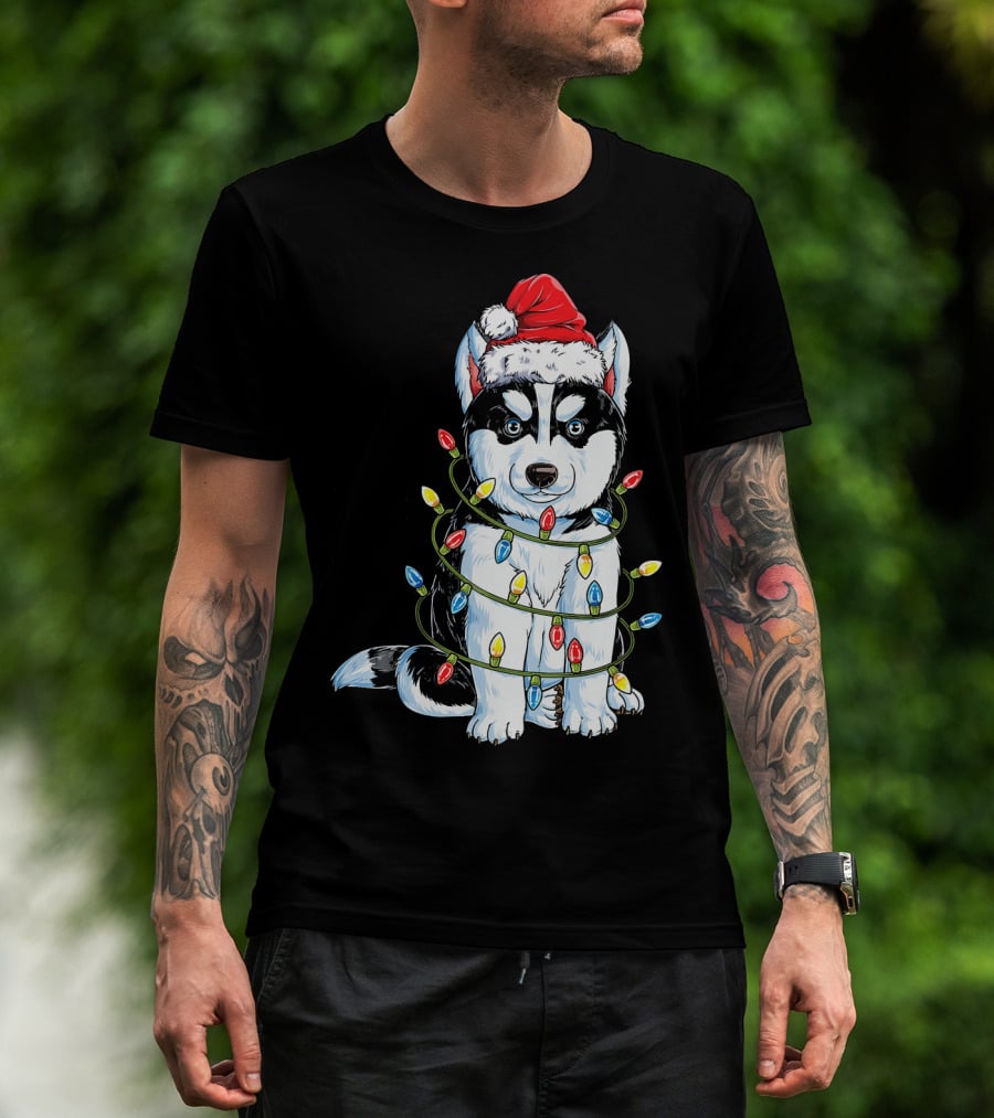 Siberian Husky Wrapped In Christmas Lights With Santa Hat T-Shirt