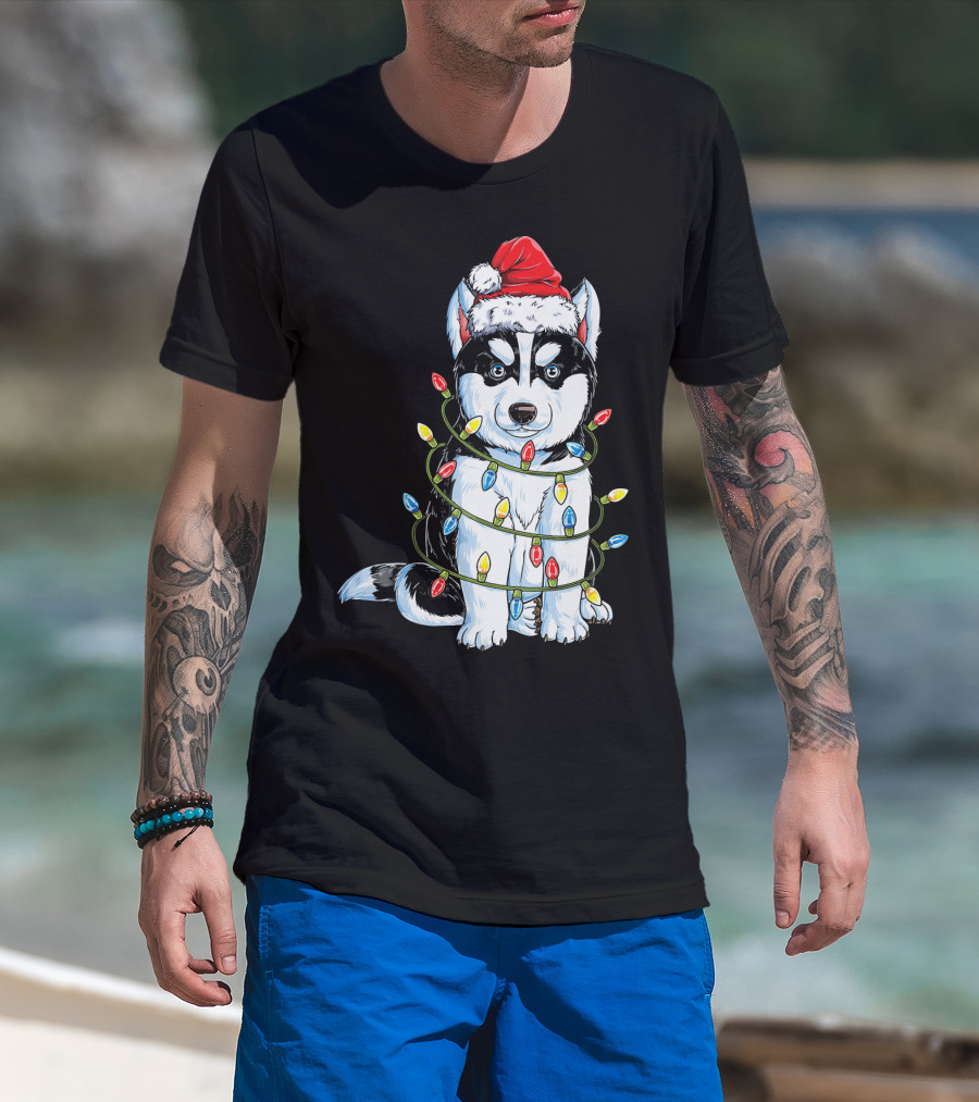 Siberian Husky Wrapped In Christmas Lights With Santa Hat T-Shirt