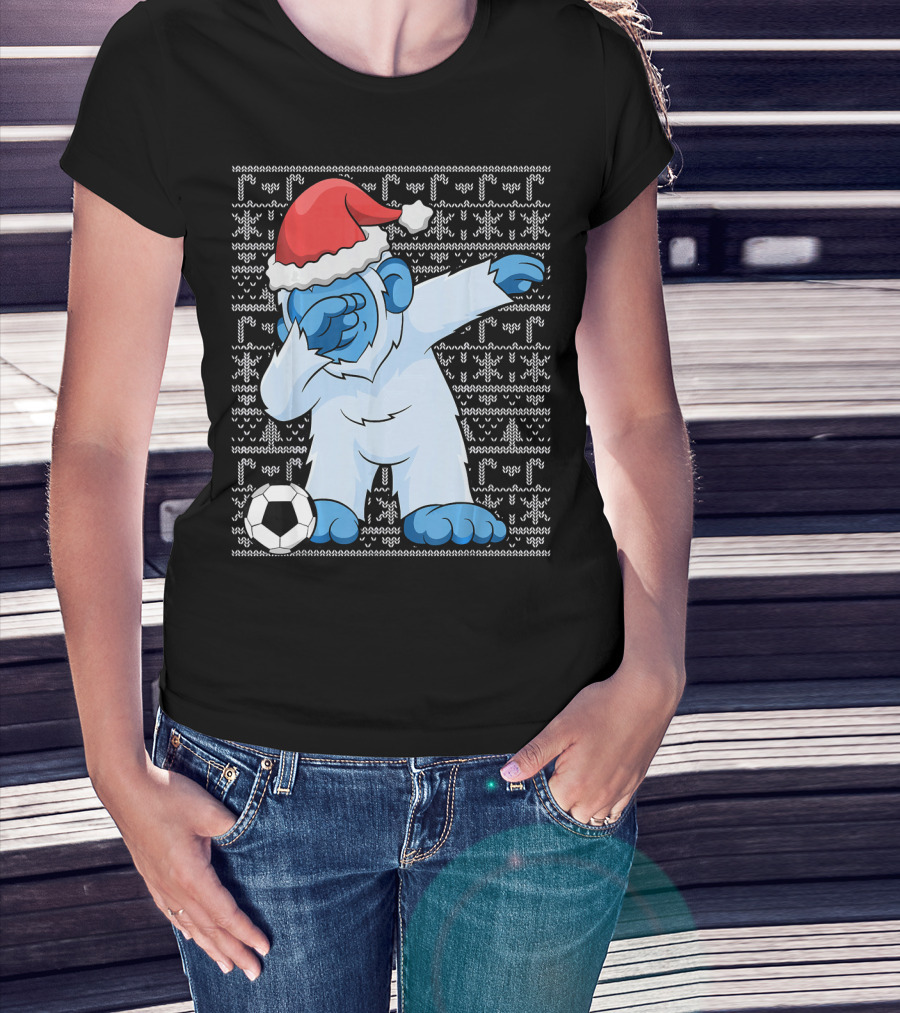 Dabbing Abominable Snowman Santa With Soccer Ball Holiday Ugly T-Shirt