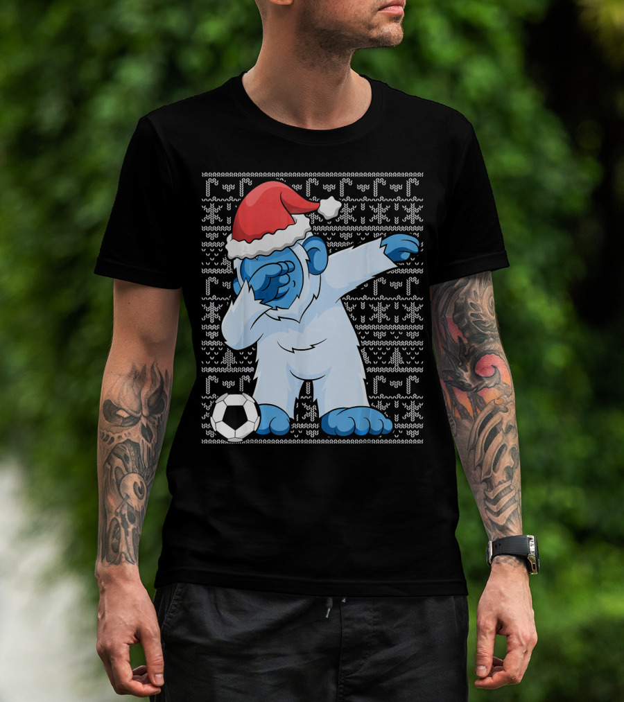 Dabbing Abominable Snowman Santa With Soccer Ball Holiday Ugly T-Shirt