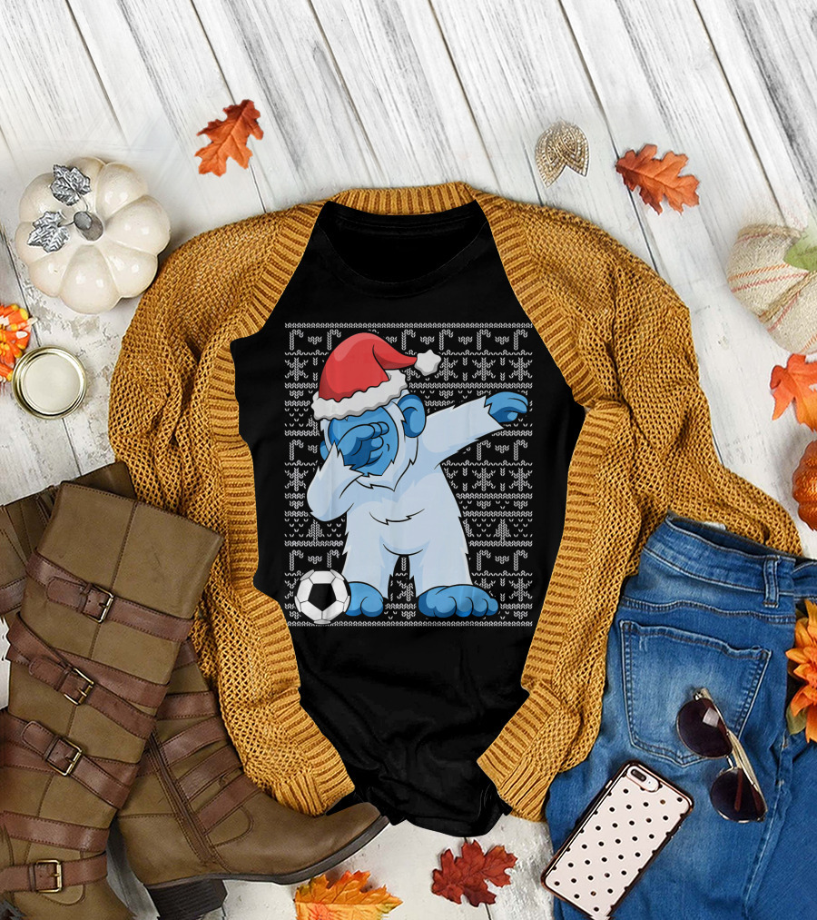 Dabbing Abominable Snowman Santa with Soccer Ball Holiday Ugly T-Shirt