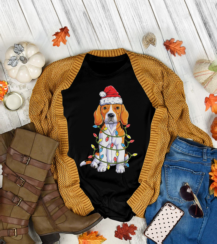 Beagle Wrapped in Christmas Lights with Santa Hat T-Shirt