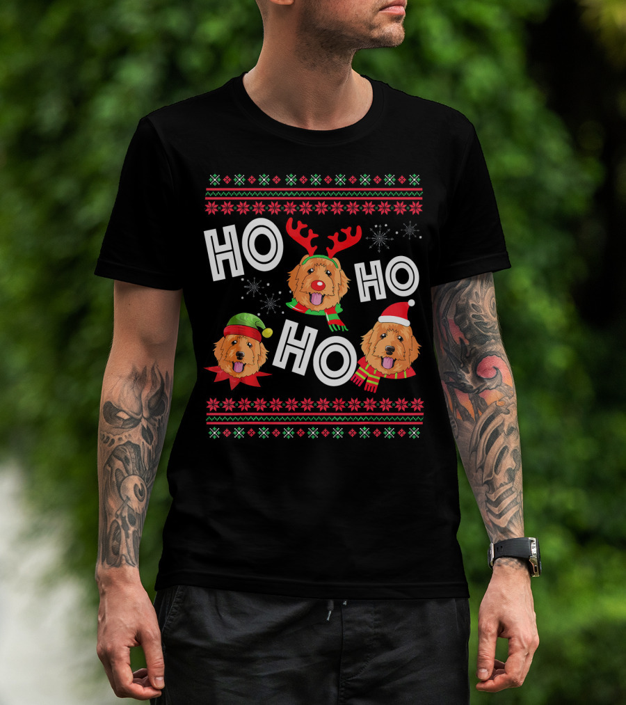HO HO HO Golden Doodle Funny Dog Christmas Antlers Santa Hat Snowflakes T-Shirt