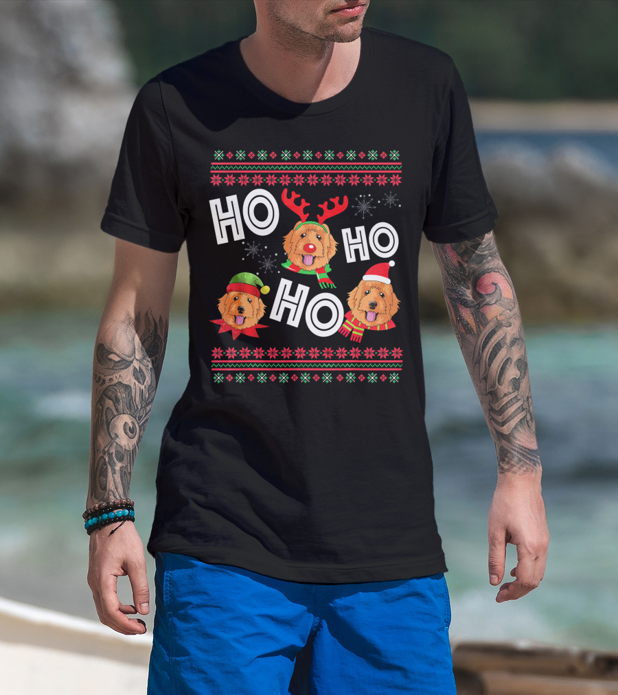 HO HO HO Golden Doodle Funny Dog Christmas Antlers Santa Hat Snowflakes T-Shirt