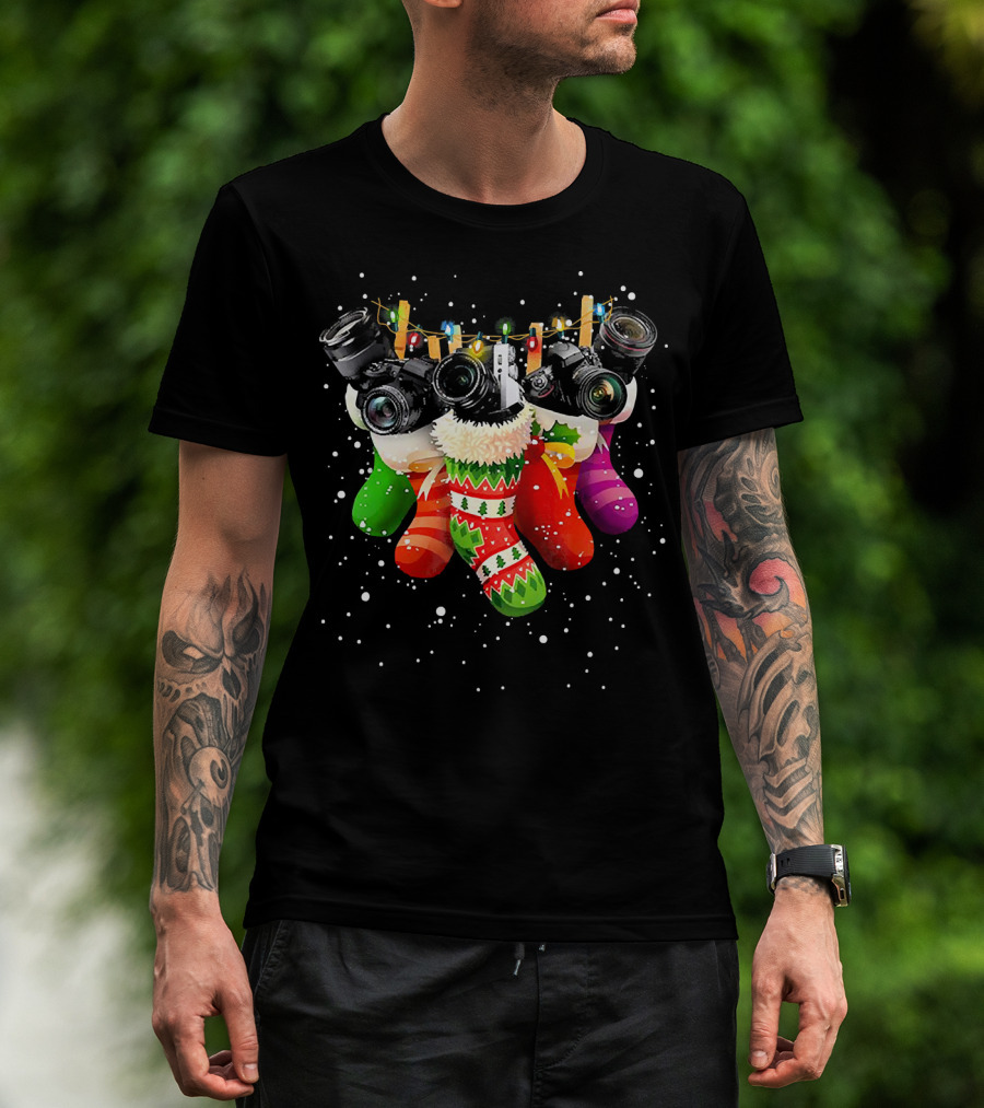 Christmas Stocking Cameras With Festive Lights For Photography Lovers T-Shirt