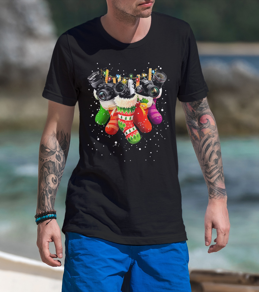 Christmas Stocking Cameras With Festive Lights For Photography Lovers T-Shirt