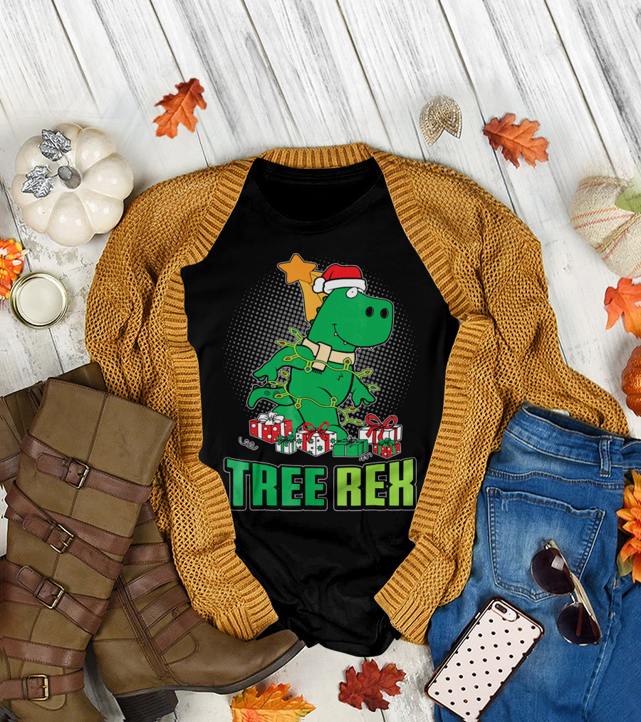 Tree Rex Funny Cute Christmas Dinosaur with Santa Hat and Gifts T-Shirt