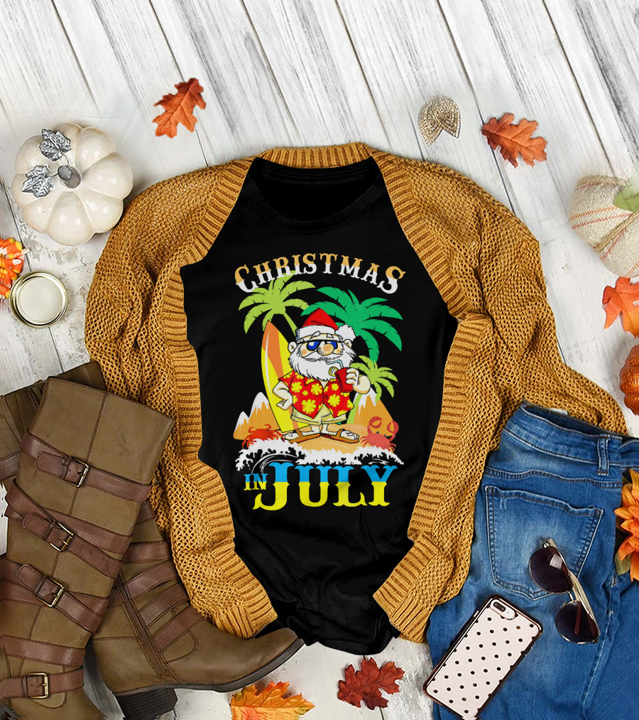 Christmas in July Santa Tropical Surf Vibes T-Shirt