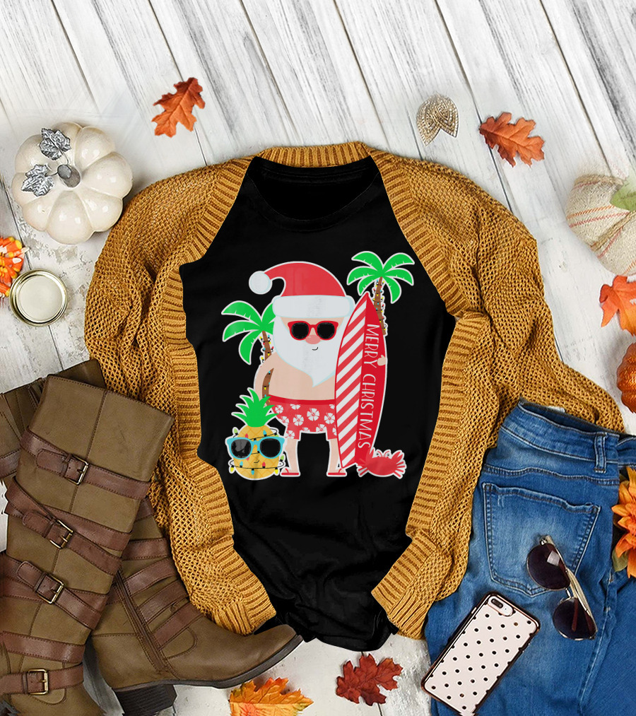 Merry Christmas Santa Surfing Hawaiian Pineapple Palm Trees T-Shirt
