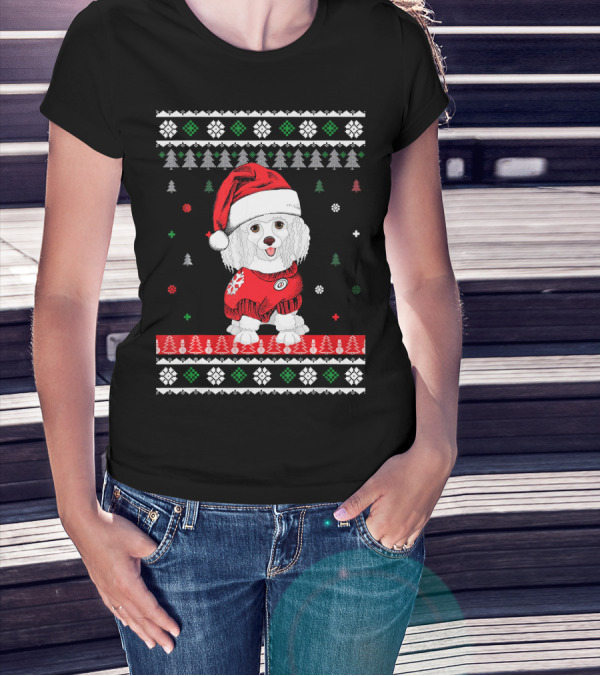 Cute Dog Standard Poodle Santa Hat Christmas Sweater Trees Snowflakes T-Shirt