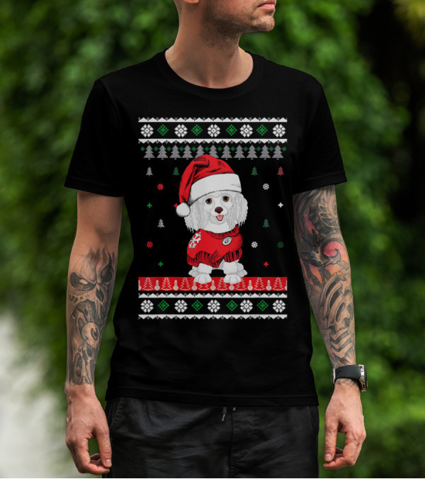 Cute Dog Standard Poodle Santa Hat Christmas Sweater Trees Snowflakes T-Shirt