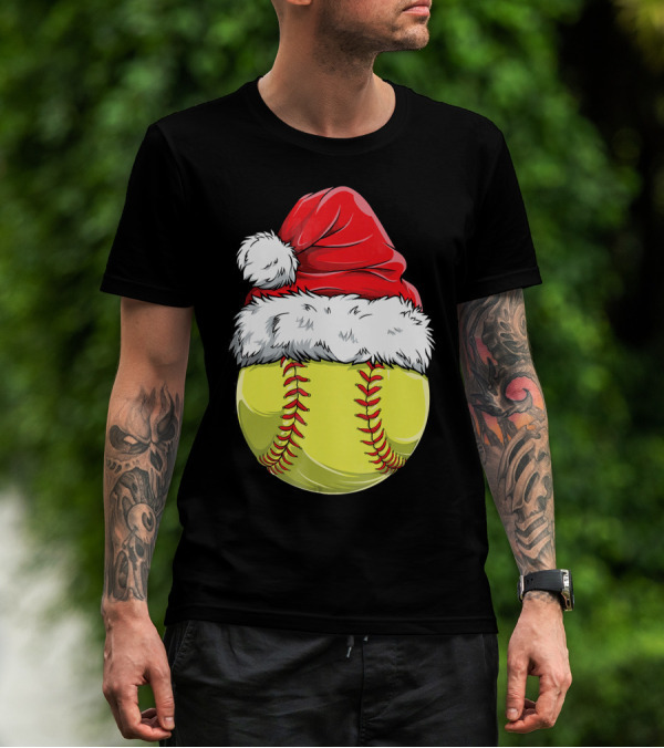 Santa Hat Softball Christmas T-Shirt
