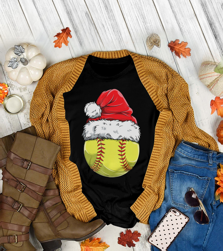 Santa Hat Softball Christmas T-Shirt
