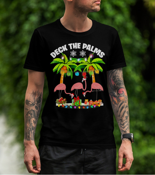 Deck The Palms Flamingo Christmas Lights And Gifts T-Shirt