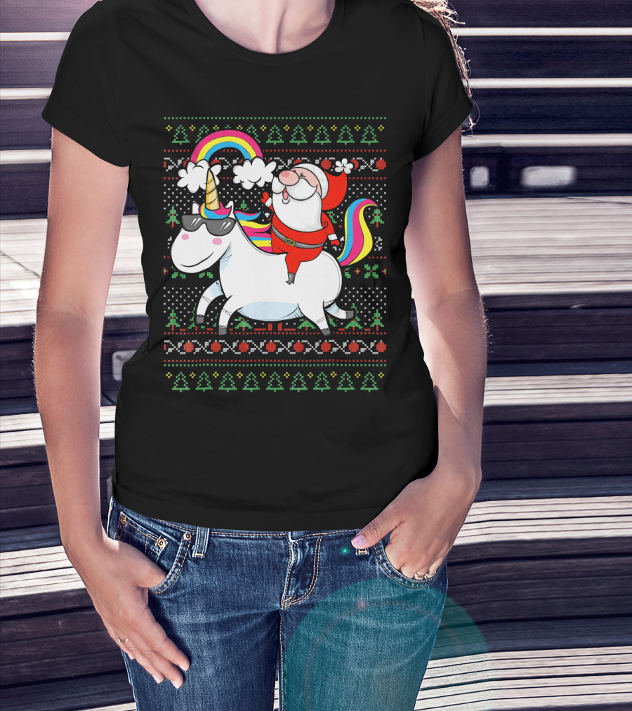 Santa Claus Riding A Rainbow Unicorn Christmas T-Shirt