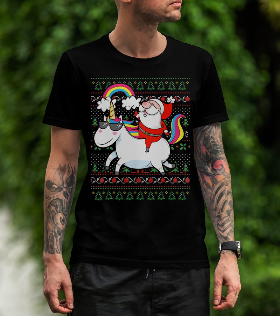 Santa Claus Riding A Rainbow Unicorn Christmas T-Shirt