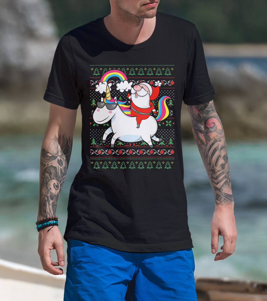 Santa Claus Riding A Rainbow Unicorn Christmas T-Shirt