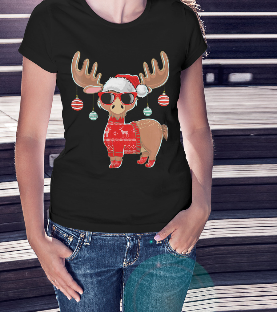 Ugly Christmas Moose Chris With Sweater And Ornaments T-Shirt