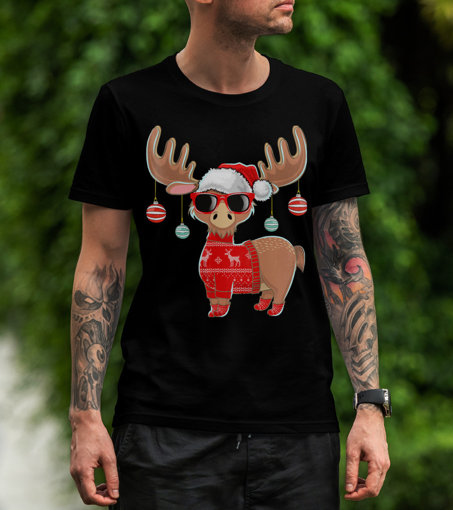 Ugly Christmas Moose Chris With Sweater And Ornaments T-Shirt