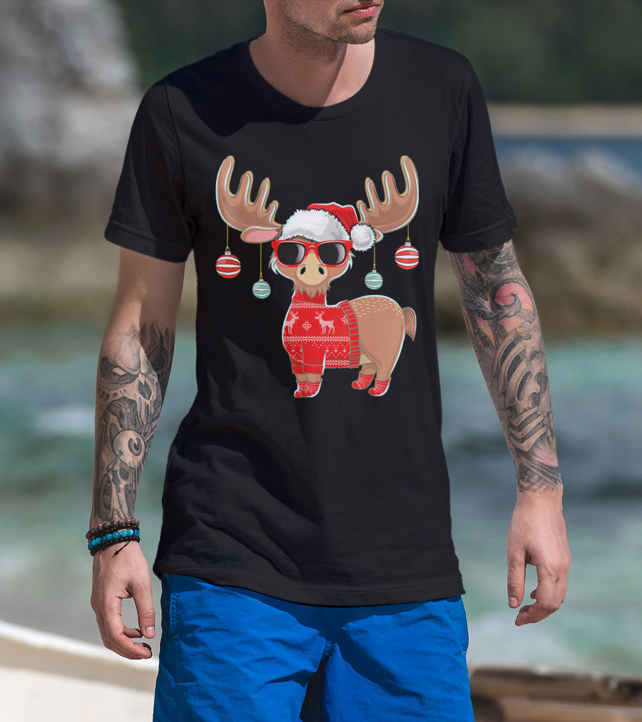 Ugly Christmas Moose Chris With Sweater And Ornaments T-Shirt
