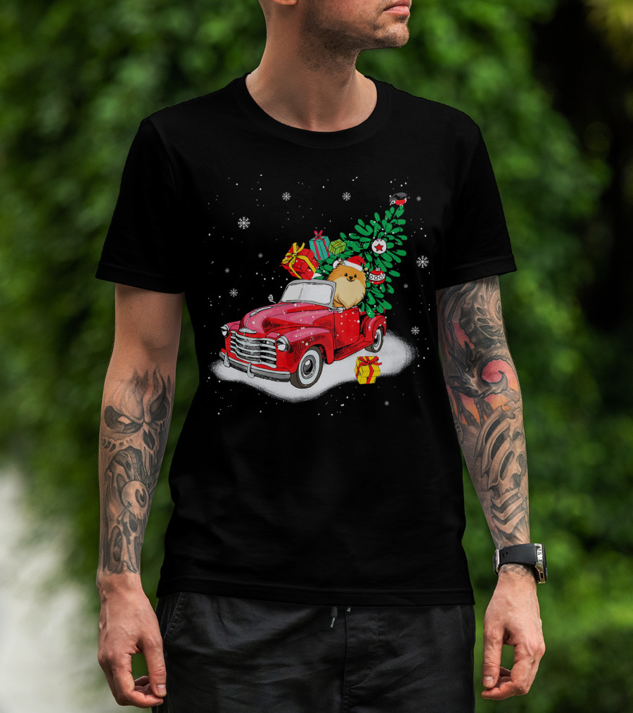 Pomeranian With Christmas Tree And Gifts In Red Truck Snow Scene T-Shirt