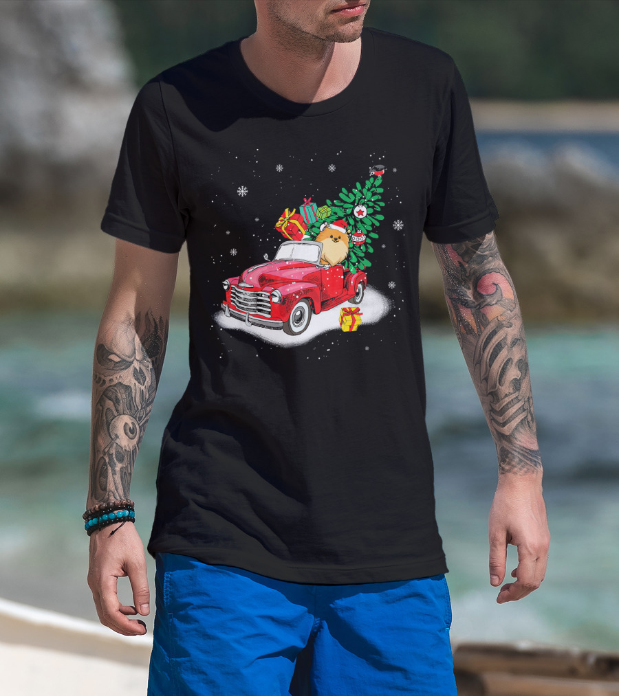 Pomeranian With Christmas Tree And Gifts In Red Truck Snow Scene T-Shirt