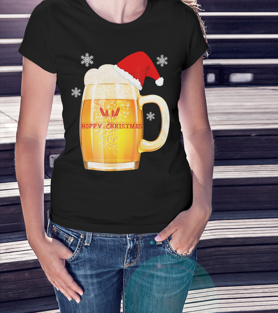 Hoppy Christmas Beer Santa Mug With Snowflakes T-Shirt