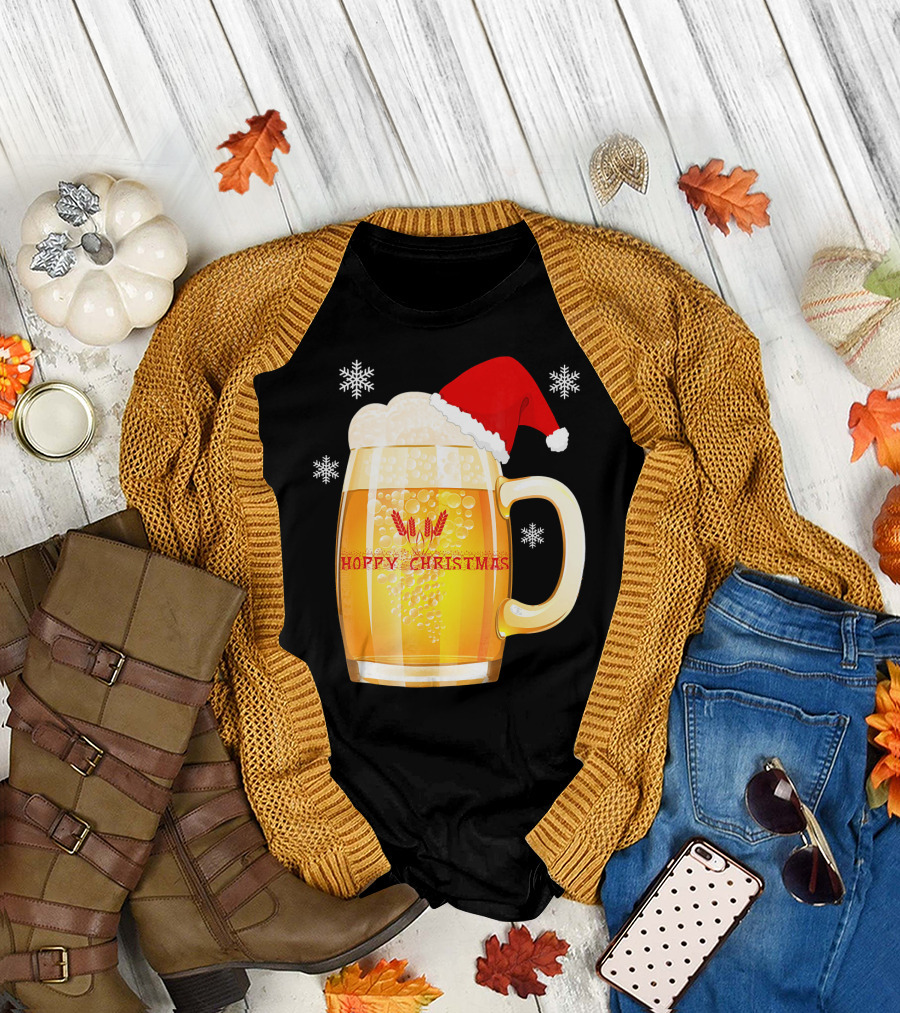 Hoppy Christmas Beer Santa Mug with Snowflakes T-Shirt