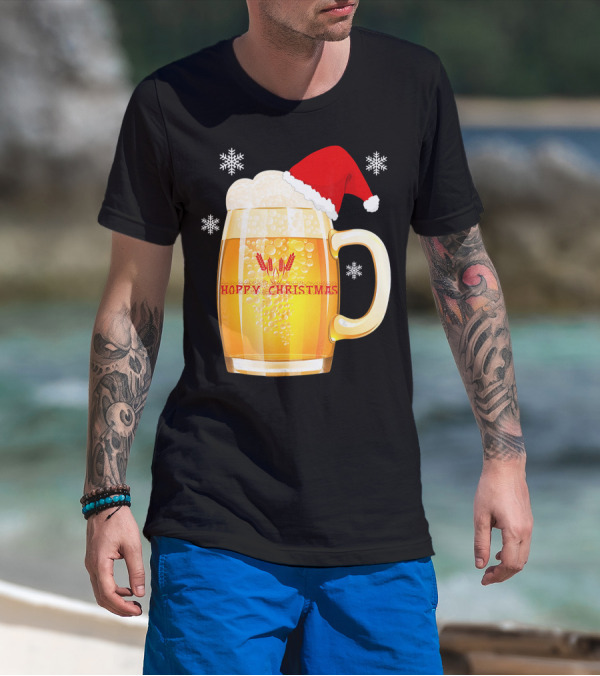 Hoppy Christmas Beer Santa Mug With Snowflakes T-Shirt