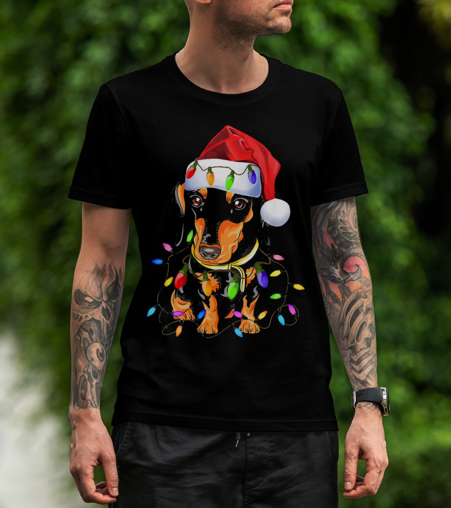 Dachshund Christmas Loves LED Lights Santa Hat T-Shirt