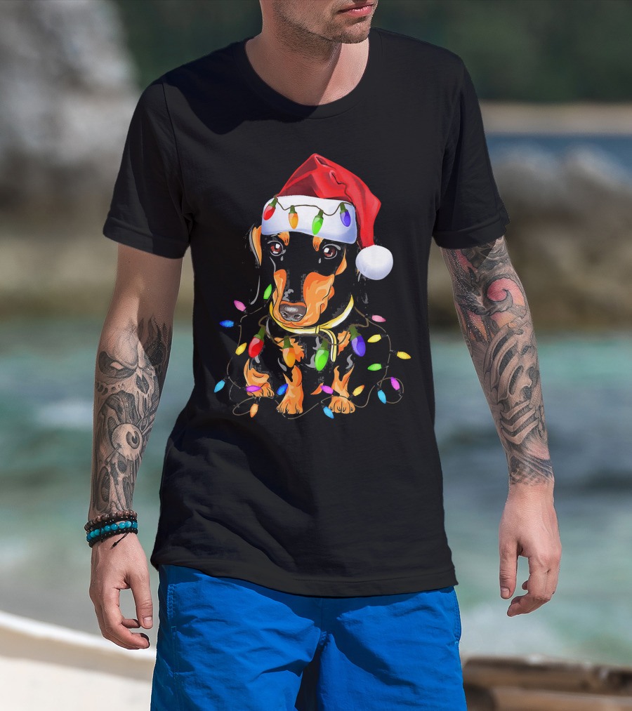 Dachshund Christmas Loves LED Lights Santa Hat T-Shirt