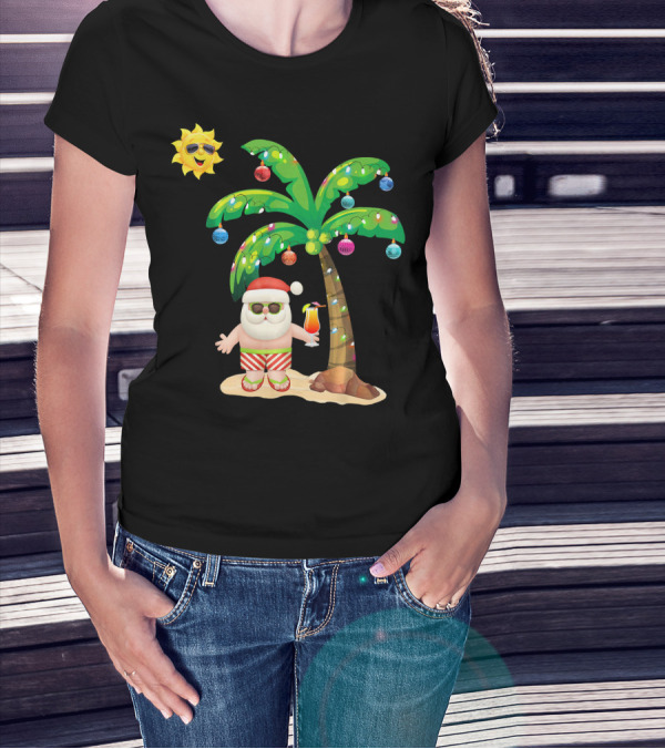 July Christmas Palm Tree Santa With Sunglasses And Cocktail T-Shirt