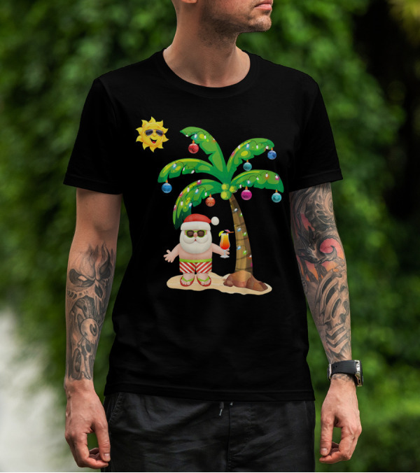 July Christmas Palm Tree Santa With Sunglasses And Cocktail T-Shirt