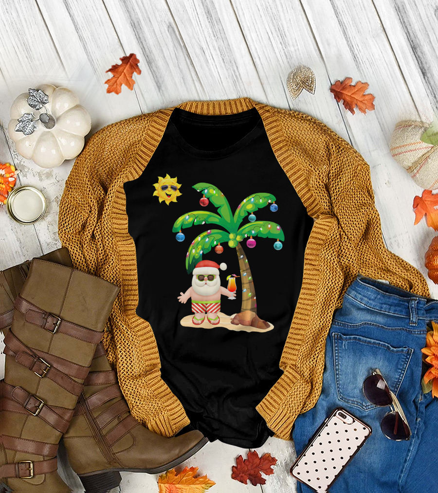 July Christmas Palm Tree Santa with Sunglasses and Cocktail T-Shirt