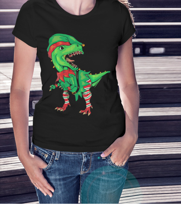 Christmas Dinosaur In Elf Costume T-Shirt