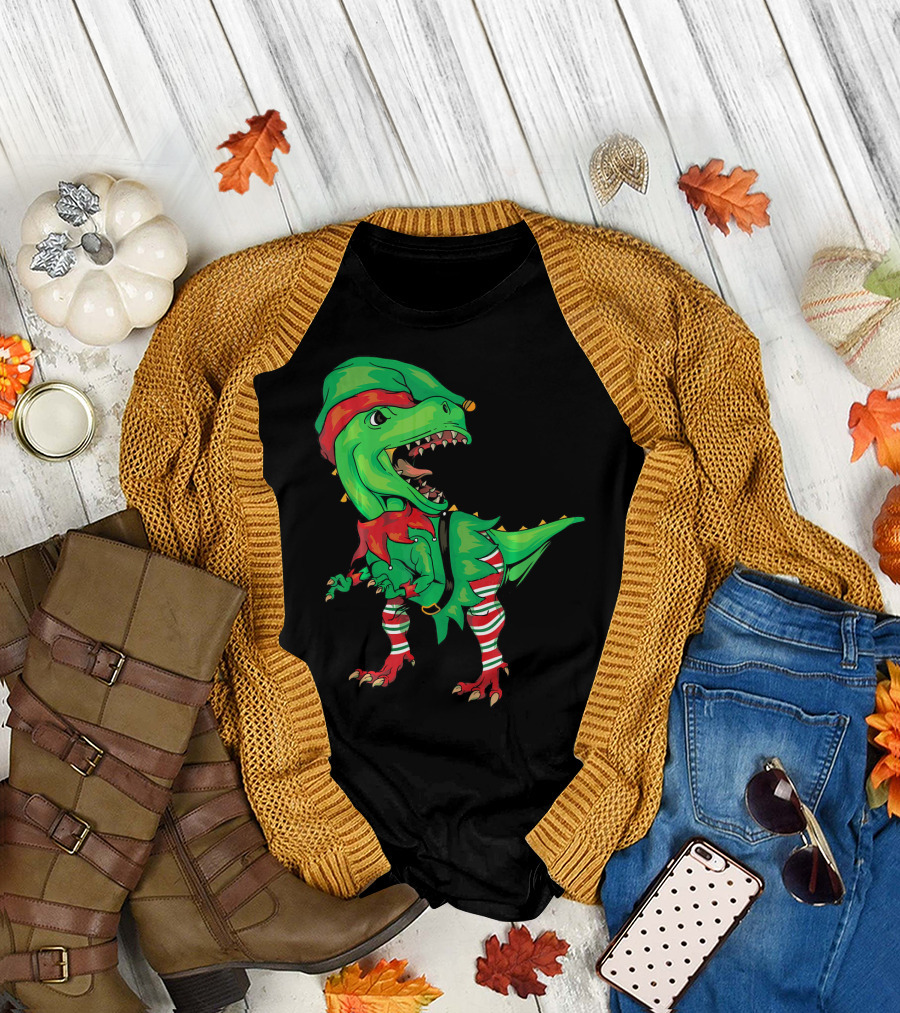 Christmas Dinosaur in Elf Costume T-Shirt
