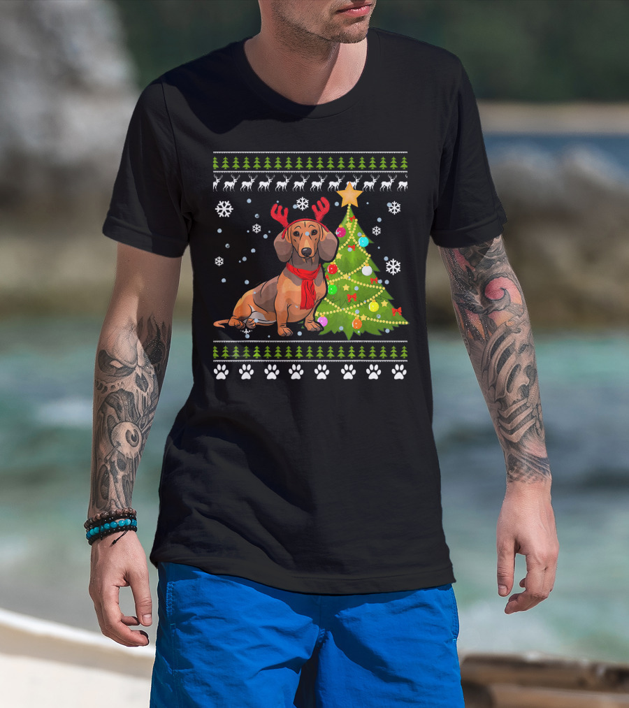 Dachshund Ugly Christmas Reindeer Antlers Christmas Tree Snowflakes T-Shirt