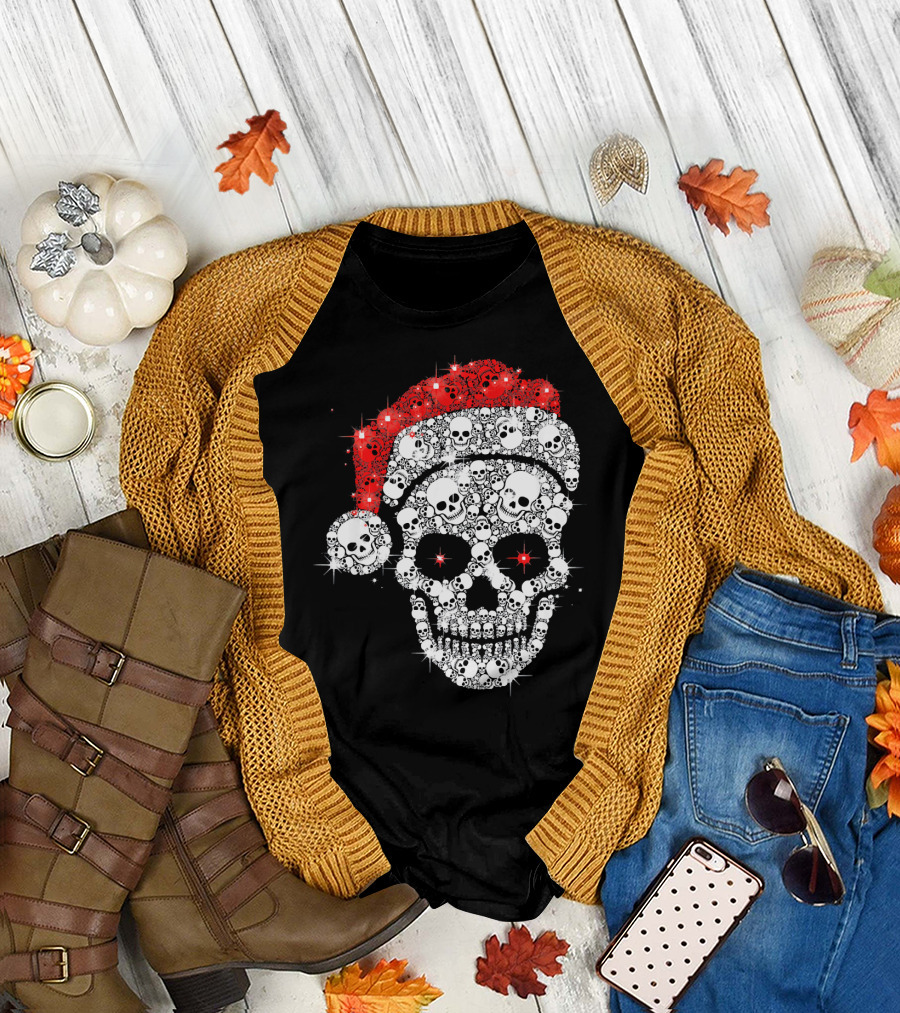 Shiny Skull Rhinestone Santa Hat Christmas Skulls T-Shirt