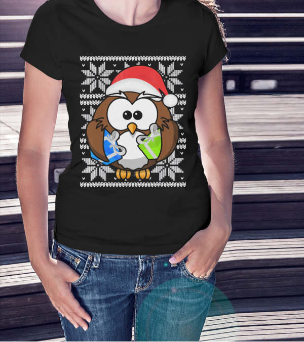 UGLY CHRISTMAS Holiday Owl With Santa Hat And Gifts T-Shirt