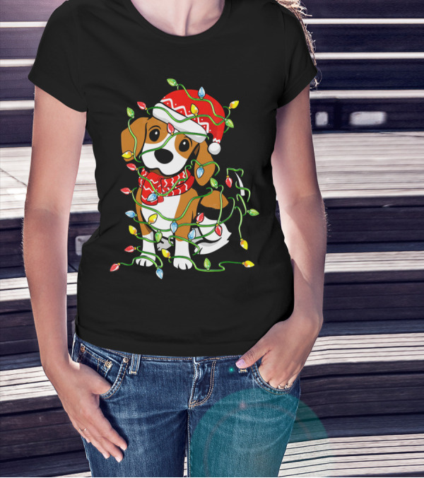 Beagle Wrapped In Christmas Lights Wearing Santa Hat T-Shirt