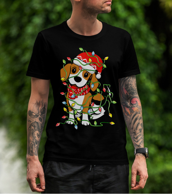 Beagle Wrapped In Christmas Lights Wearing Santa Hat T-Shirt