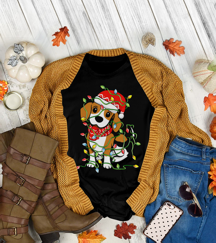 Beagle Wrapped in Christmas Lights Wearing Santa Hat T-Shirt