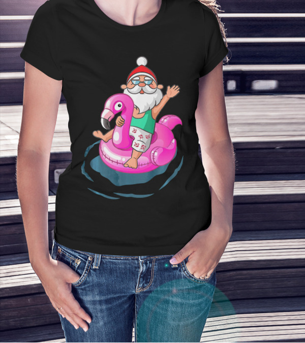 Christmas In July Santa Riding Flamingo Float In Hawaiian Shorts T-Shirt