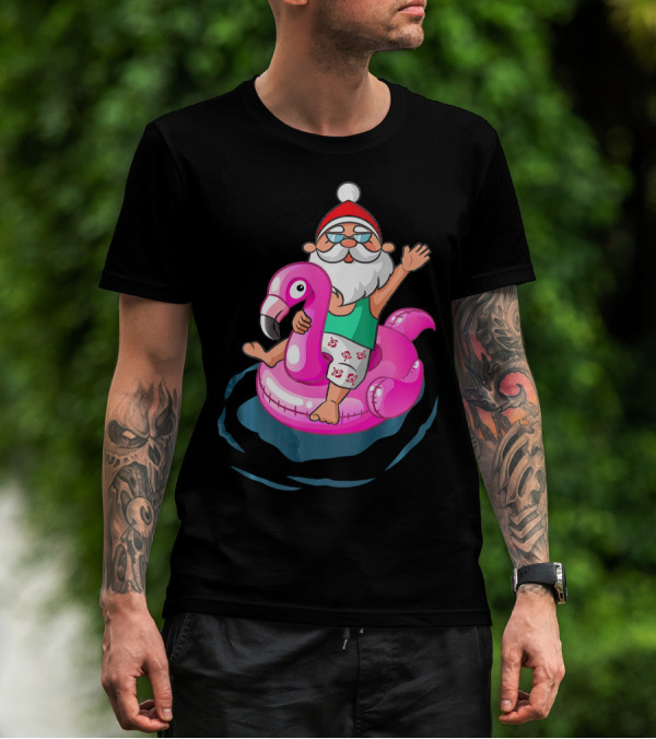 Christmas In July Santa Riding Flamingo Float In Hawaiian Shorts T-Shirt