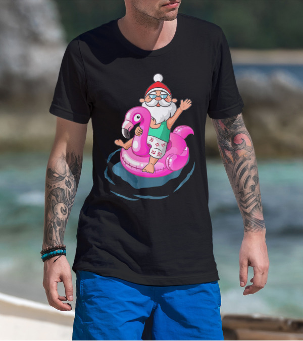 Christmas In July Santa Riding Flamingo Float In Hawaiian Shorts T-Shirt