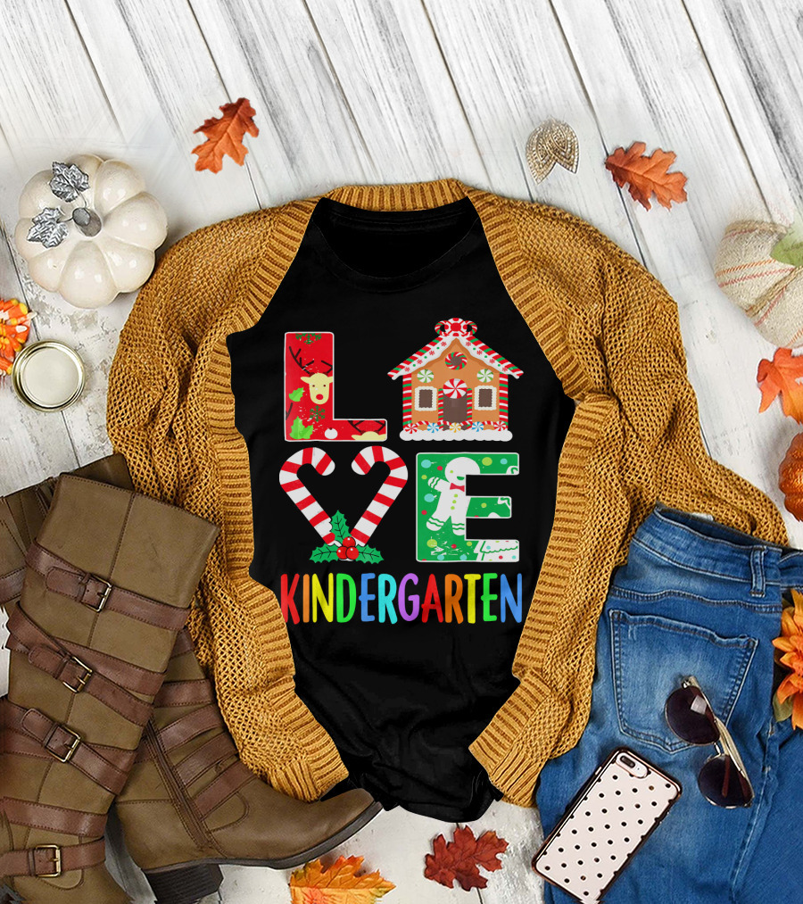 LOVE Kindergarten Christmas Reindeer Gingerbread Candy Cane T-Shirt