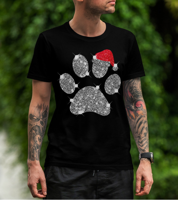 Merry Christmas Paw Santa Hat Sparkle T-Shirt