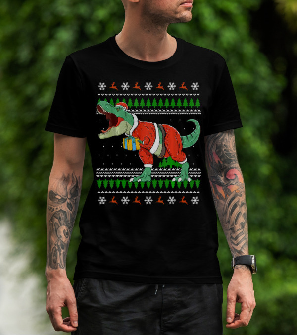 Funny TRex Dino Christmas Santa Holding Gift In Ugly T-Shirt